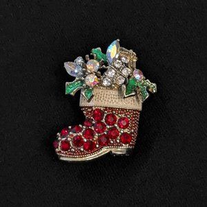 Vintage Sparkly Pave Crystal Enamel Christmas Stocking Brooch Pin Holiday